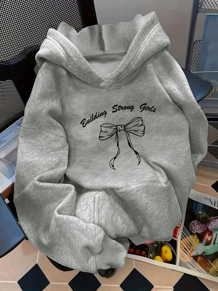 Women's Oversized Hooded Sweatshirt with Bow & Letter ' Print - Cozy Loose-Fit Sweater, Medium-Stretch Fabric, Machine Washable, Spring/Autumn Casual Wear (Year-Round) - Bow & Letter ' Design for Layering, Loose Sweater - Grey