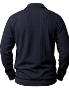 New Men'S Retro Jacquard Lapel Knit Polo Sweater Autumn Business Casual Long Sleeve Sweater Loose All-Match Solid Color Pullover Top - Navy Color