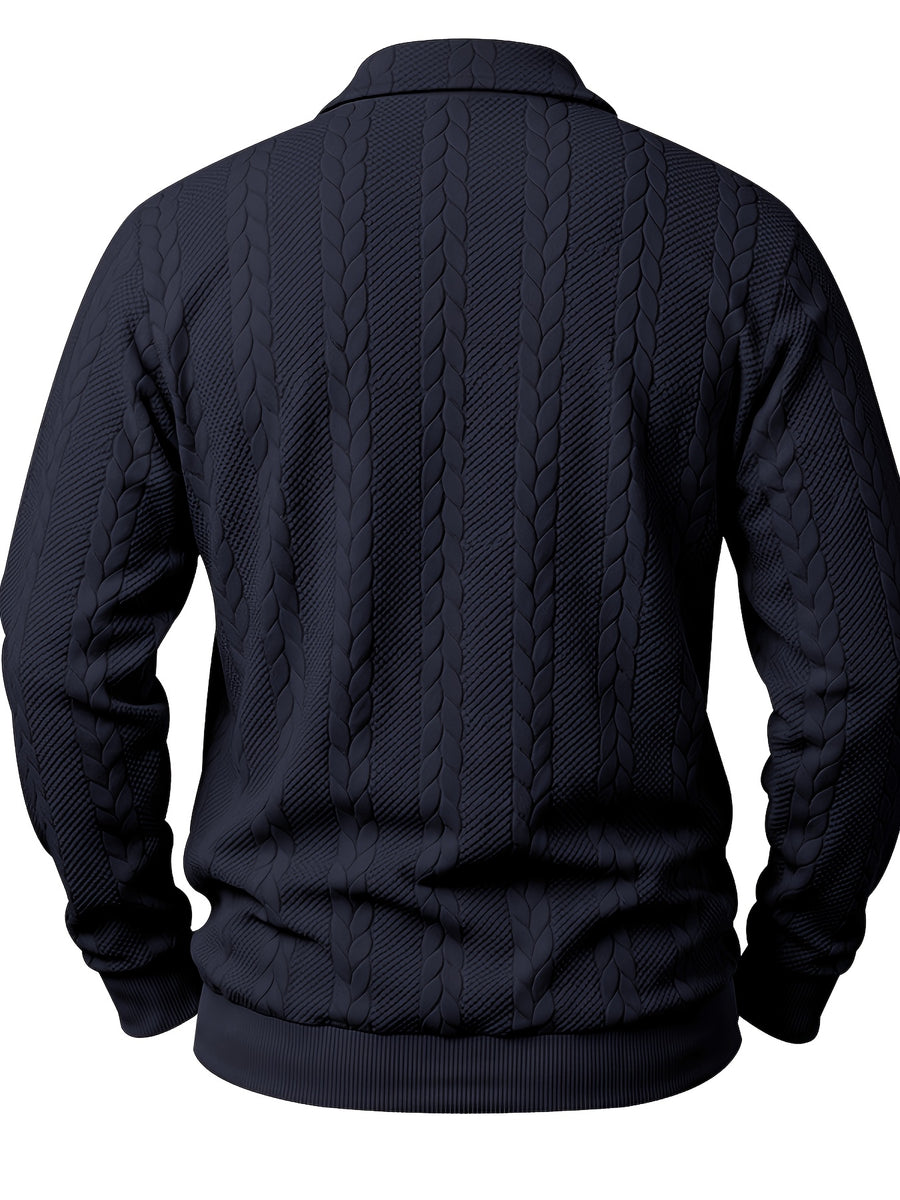 New Men'S Retro Jacquard Lapel Knit Polo Sweater Autumn Business Casual Long Sleeve Sweater Loose All-Match Solid Color Pullover Top - Navy Color