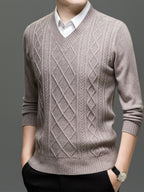 Men's Solid Color V-Neck Sweater - Basic Knit Pullover Sweater Suitable for Fall/Winter, Warm Casual Long-Sleeve Knitwear, Hand Washable V-Neck Sweater for Office & Casual Attire, All Sizes S - Beige Camel