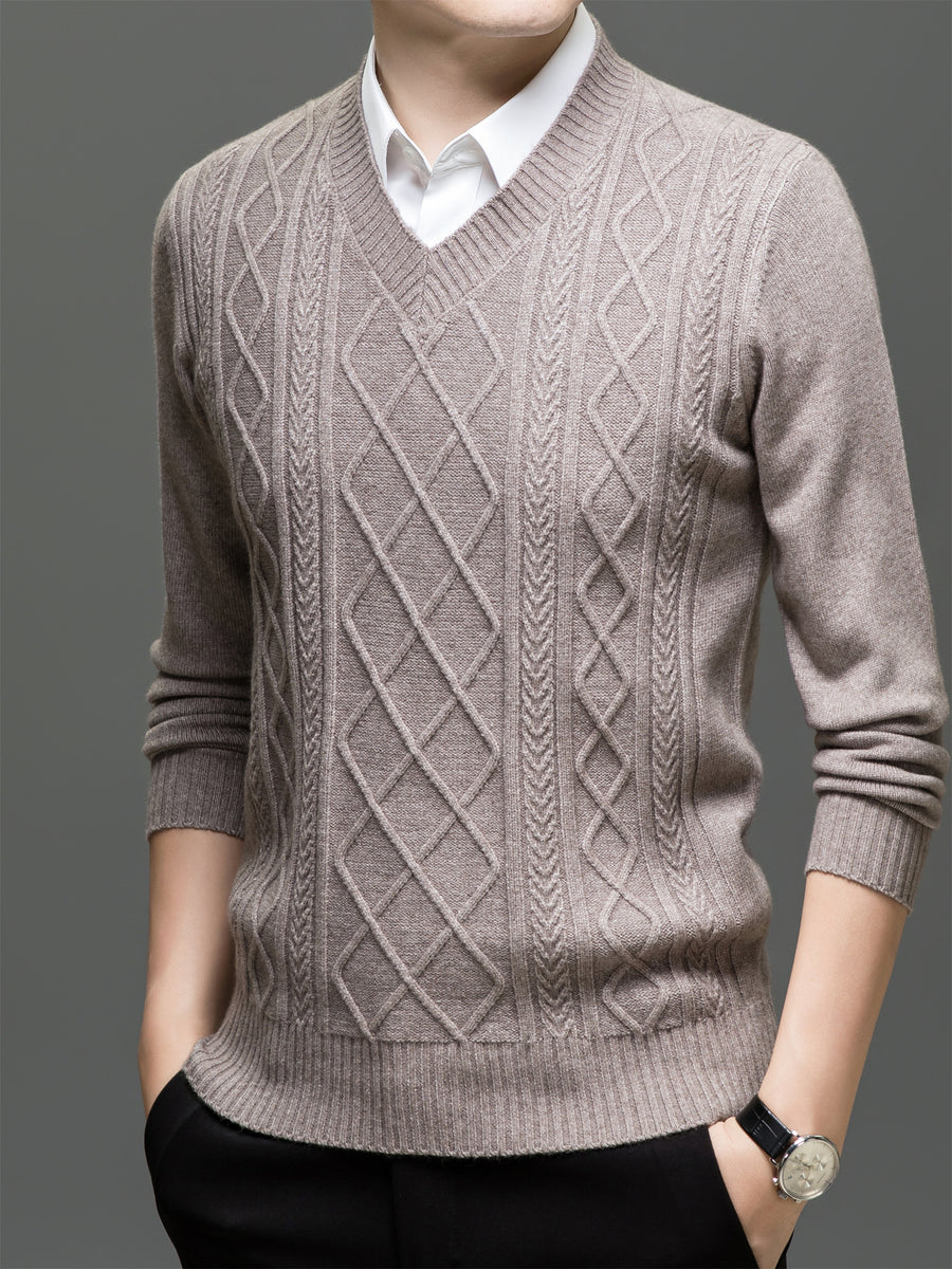 Men's Solid Color V-Neck Sweater - Basic Knit Pullover Sweater Suitable for Fall/Winter, Warm Casual Long-Sleeve Knitwear, Hand Washable V-Neck Sweater for Office & Casual Attire, All Sizes S - Beige Camel