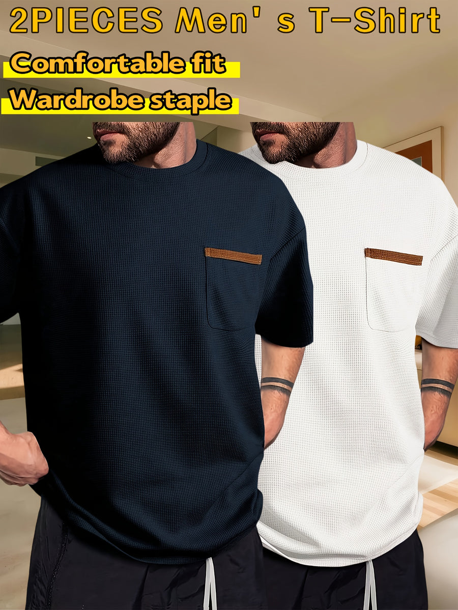 Men's Waffle-Knit Short Sleeve T-Shirt - Breathable Base Layer & Casual Round Neck Pocket Tee, Solid Color Suitable for Gym, Casual Attire, Machine Washable, Spring/Summer Layering Shirt, High-Fit Rate for Lifestyles - Navy Blue+White