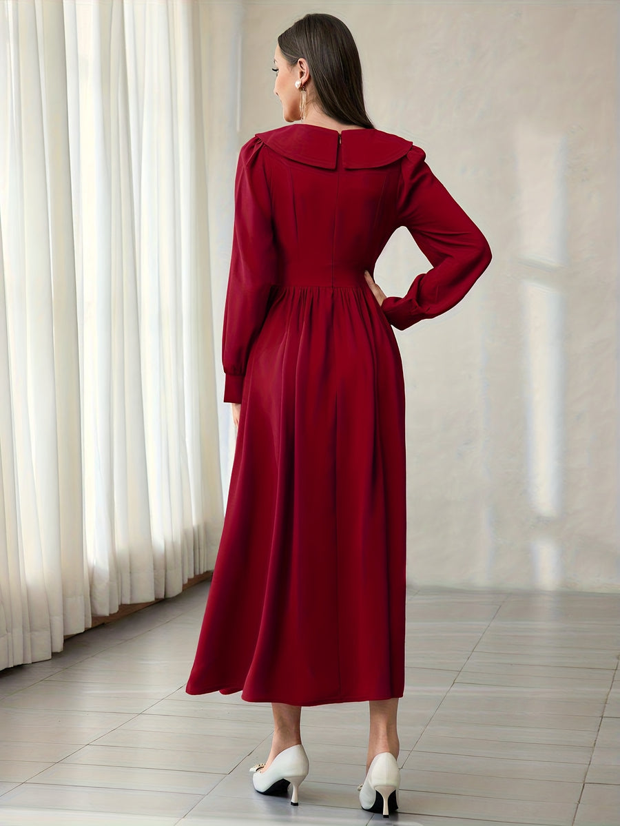 Vintage Lapel Heavy Craft Embroidered Long Sleeve Dress - Burgundy