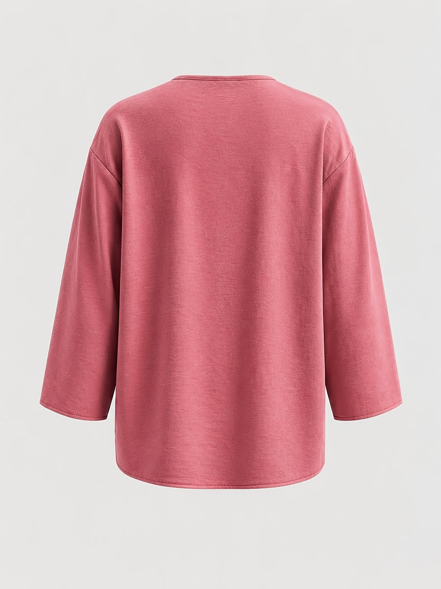 Solid Color Shirt, Round Neck Button-Up, Loose Fit, Casual Wear, Spring Summer Women'S Shirt - Pink Color
