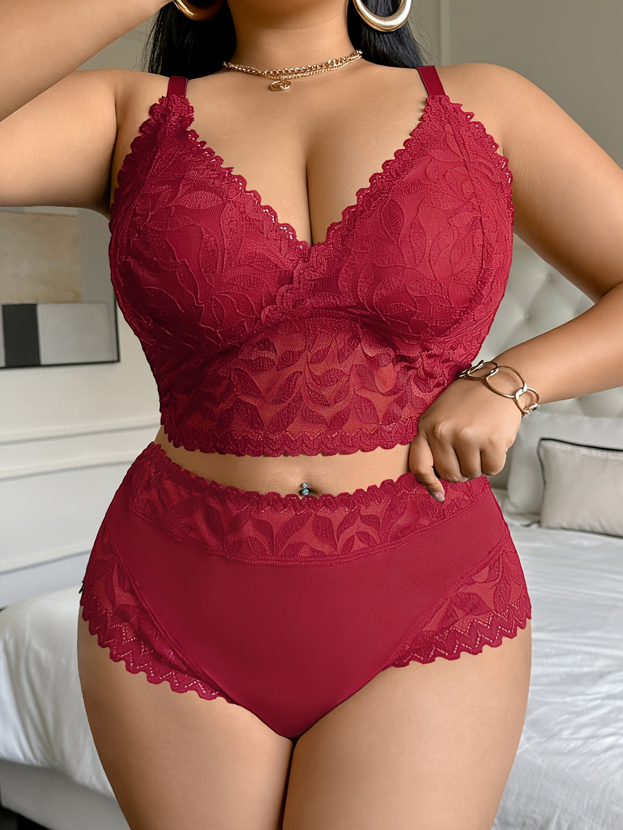 A Plus-Size Women'S Lace Patchwork Lingerie Set - Burgundy