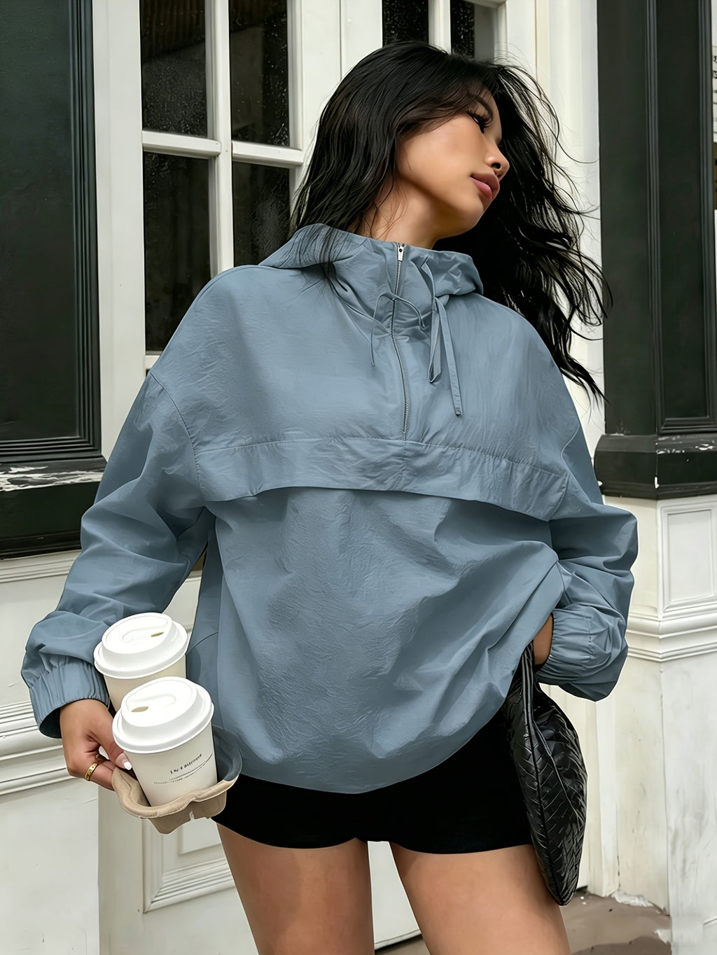 Casual Hooded Lightweight Jacket Top Women'S Easy Half-Zip Loose Pullover Outerwear Daily Commute Lazy Style Long Sleeve Top Versatile Drop Shoulder Outerwear Trendy Street Style Basic Style Long Sleeve Jacket [NS702] - Gray Blue