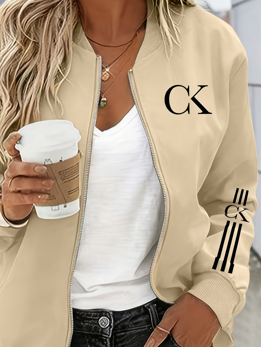 2026 Fashionable Individual Round Neck Design Women'S New Jacket Coat Carnival Letter Pattern Printed Top Casual Open Front Zippered Jacket, Circle - Khaki