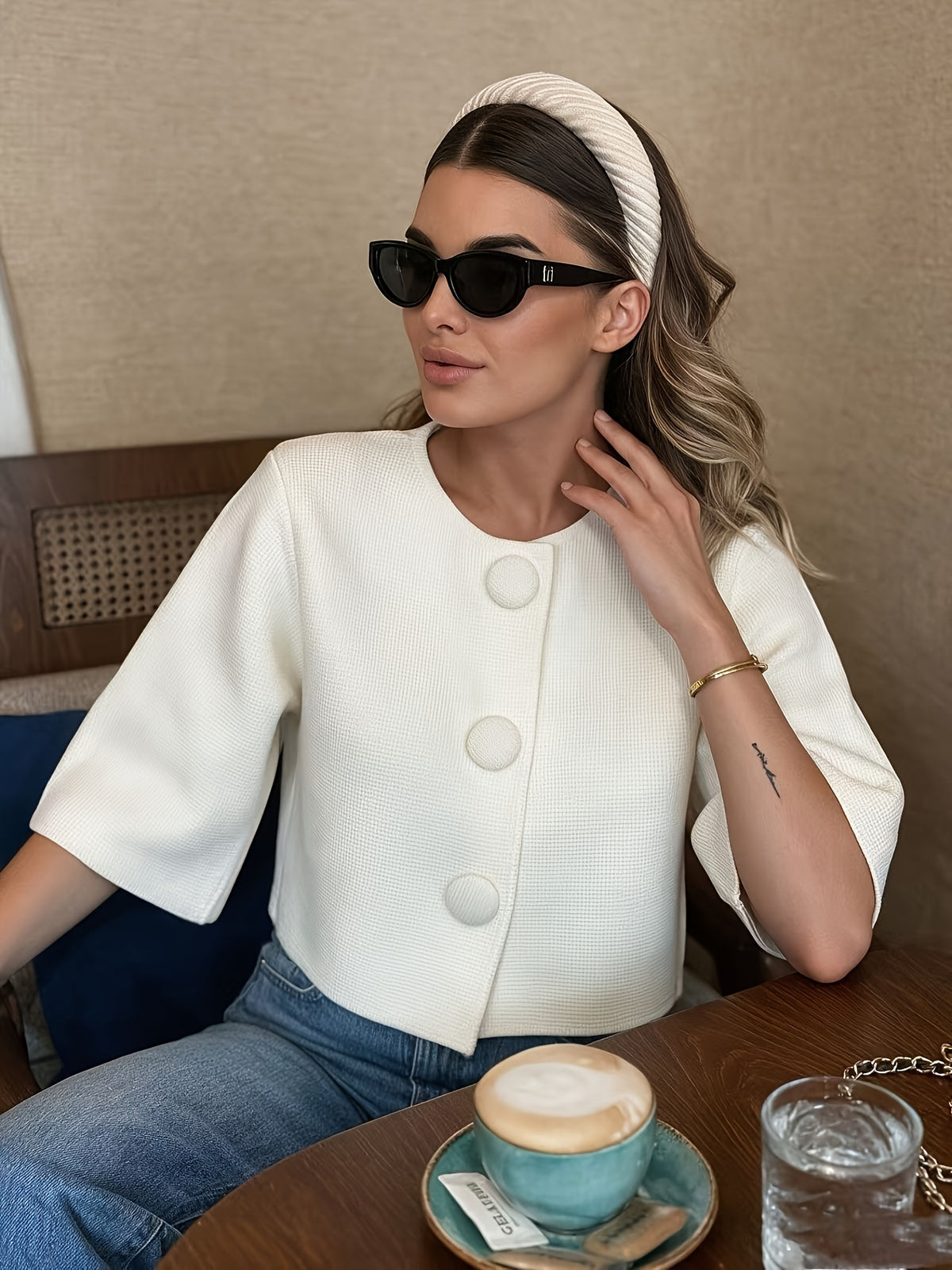 French-Style Large Button Cardigan - Oversized Cropped Top with Flared Bell Sleeves, Round Neck Button-Front Closure, Medium Stretch Suitable for - Layering, Elegant Office to Weekend Wear - Apricot