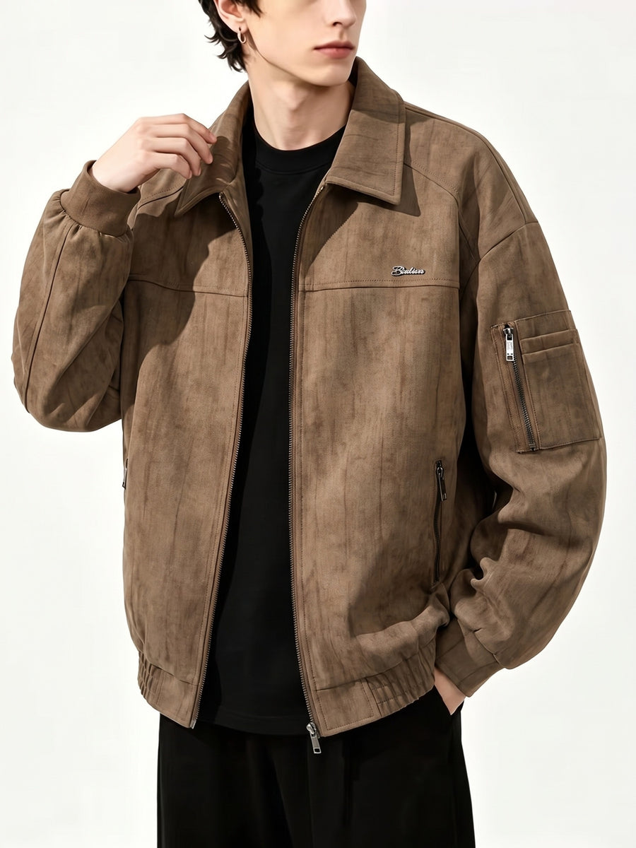 Men's Streetwear Workwear Style Lapel Jacket with Vintage Texture, Full-Zip Casual Outerwear, Multi-Zipper Practical Pocket Design, Regular Fit for Comfort and Versatility. This Casual Coat Is Suitable for All Occasions in Spring and Autumn - Brown