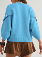 Women'S Round Neck Batwing Sleeve Pullover Sweater, Autumn Casual Regular Soft Solid Short Length 3/4 Sleeve Top, Side Slit Button Detail Daily Commute Base Layer (Prefer Loose Fit, Recommended Size Up) - Yunshan Blue