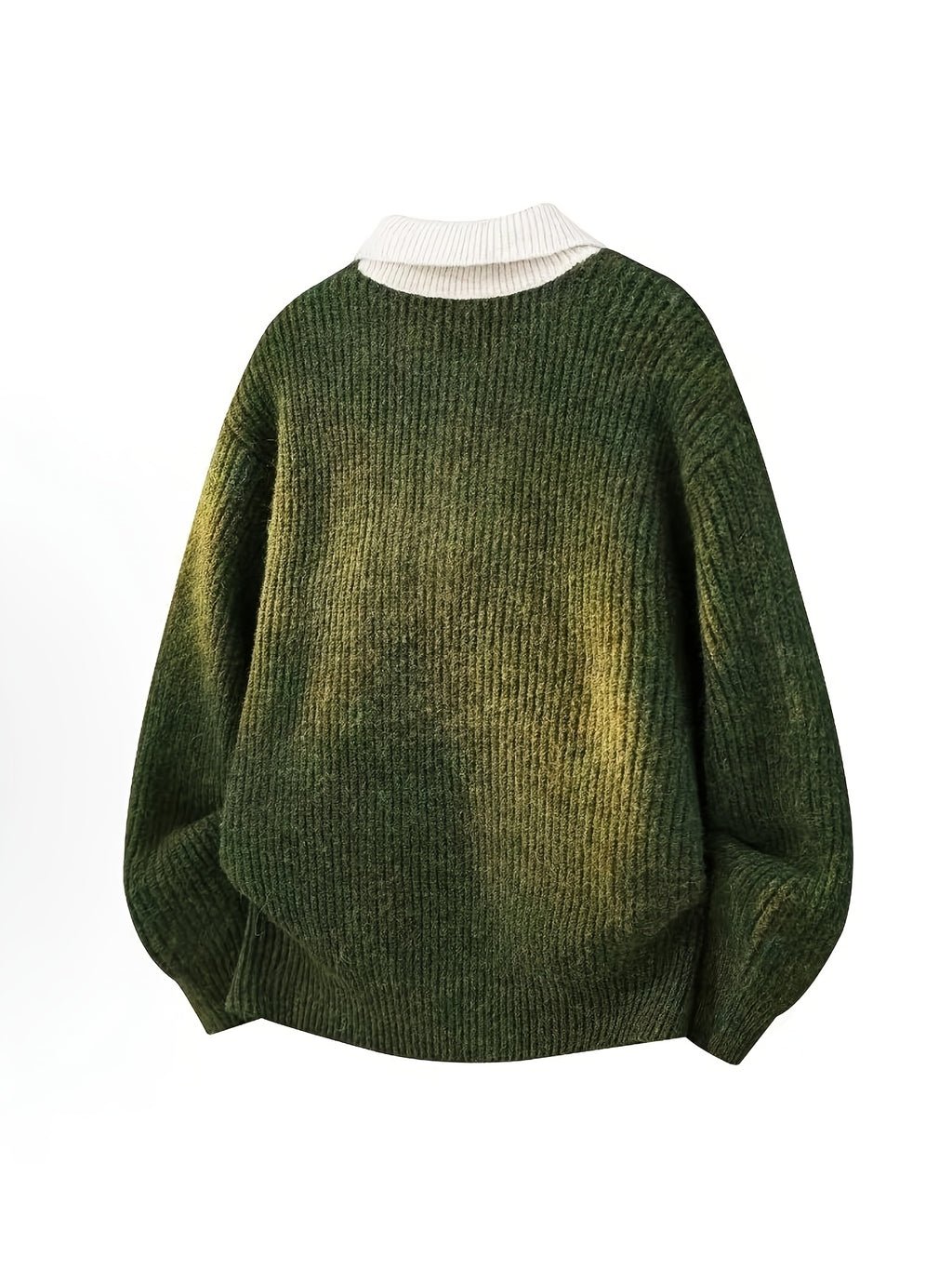 Simple Casual Color-Block Patchwork Lapel Pullover Long-Sleeve Sweater, Fashionable 2-in-1 Look Knitwear - fern green