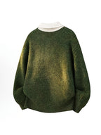Simple Casual Color-Block Patchwork Lapel Pullover Long-Sleeve Sweater, Fashionable 2-in-1 Look Knitwear - fern green