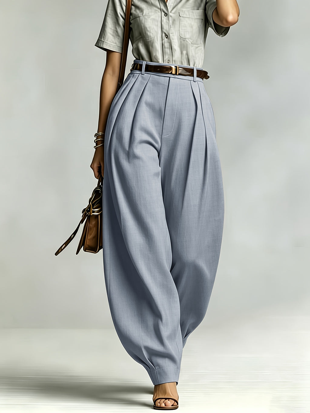 Commuter Fashion Solid Color Pocket Loose Women'S High-Waist Slim Trousers - Grey