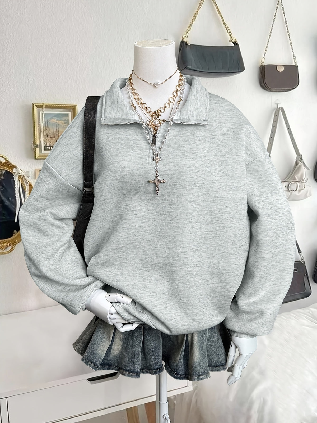 New Autumn/Winter Fashion Women's Trendy  Minimalist Solid Color Style Casual Versatile Neckline Zipper Sweatshirt - Light Grey
