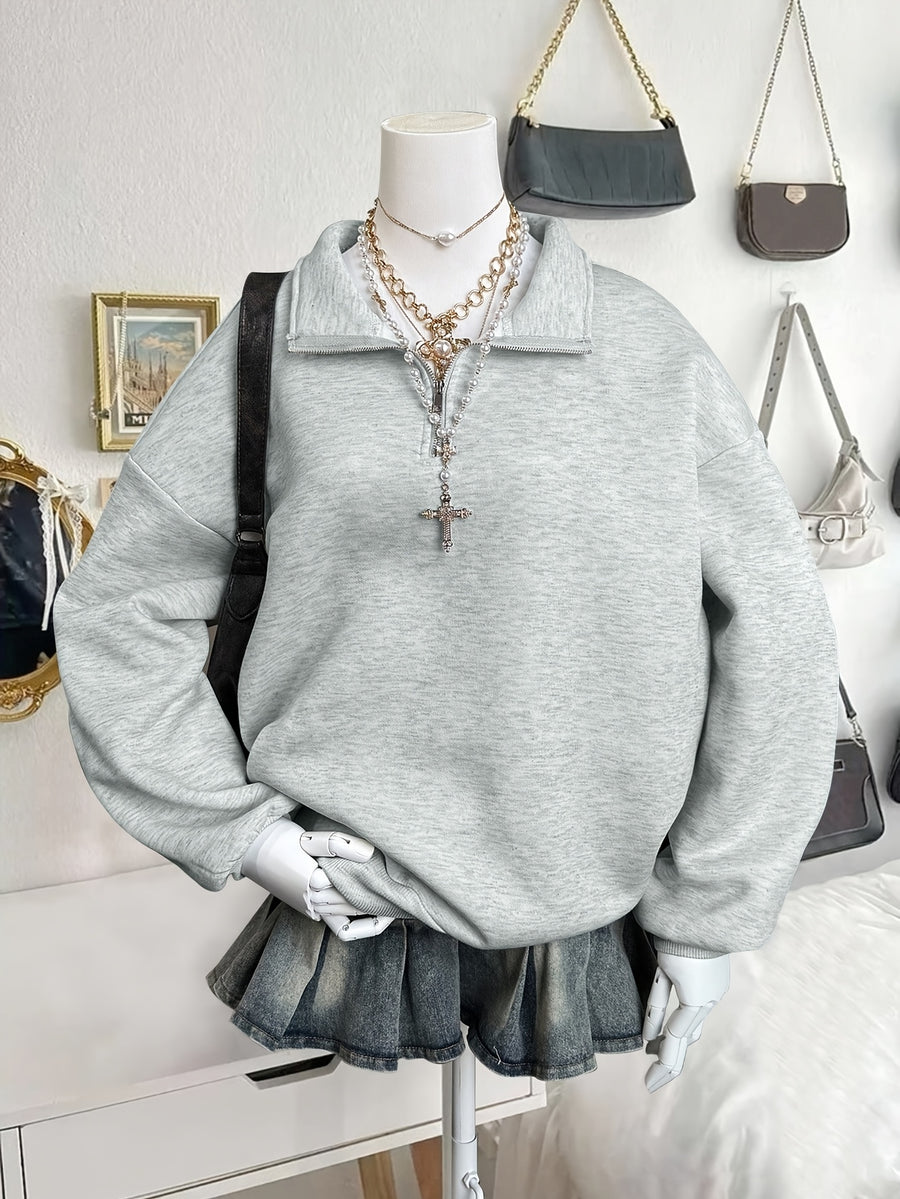 New Autumn/Winter Fashion Women's Trendy Minimalist Solid Color Style Casual Versatile Neckline Zipper Sweatshirt - Light Grey