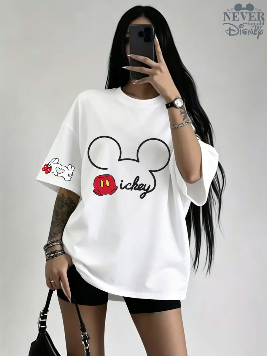 Authorized Women'S Hot Product Summer Pure Short Sleeve Top, Mickey Classic Portrait Red Gloves Cartoon Character Print Individual Fashion Short Sleeve Round Neck Pure T-Shirt, Round Neck Casual Comfortable Fashion Versatile - White