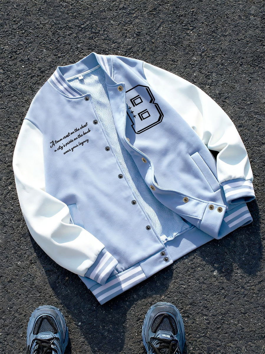 This Black And Gray Patchwork Baseball Jacket Features a Button Closure Design, with Black And White Striped Accents at The Collar And Cuffs. It Showcases Prominent Letter Prints And English Text Elements on The Chest - Blue & White
