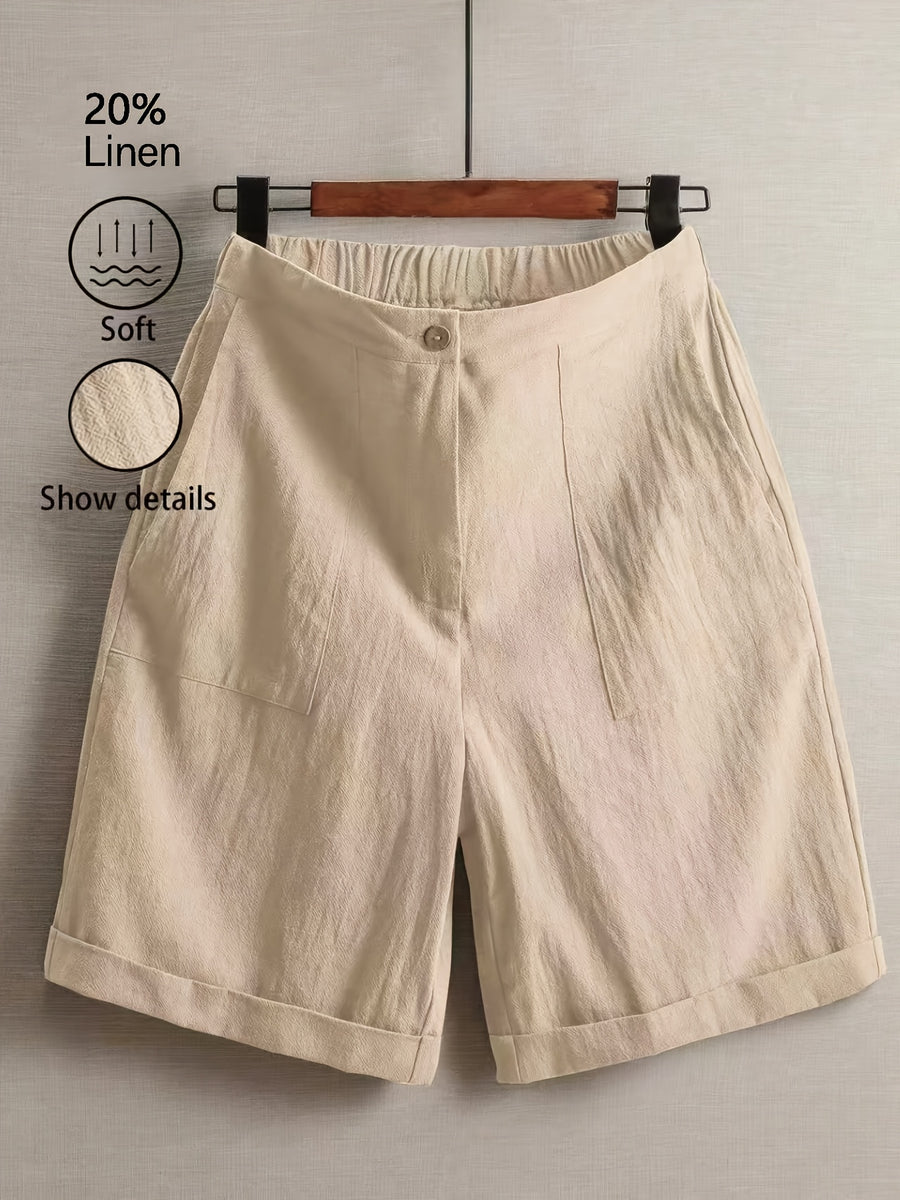 SQ26032726 Women'S Casual Easy Design Solid Color Linen Comfortable Breathable Pocket Shorts Suitable for Going Out, Summer, Vacation, Holiday Wear - Apricot
