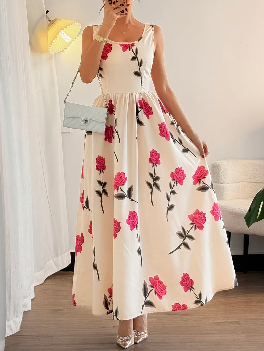 Floral Printed Square Collar Sleeveless Summer Elegant Dress - Red