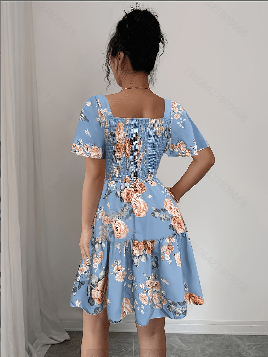 Summer Vacation Floral Print Short Dress with Waist Cinching - Peacock Blue