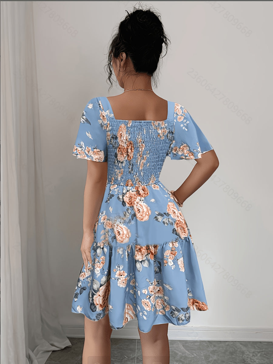Summer Vacation Floral Print Short Dress with Waist Cinching - Peacock Blue