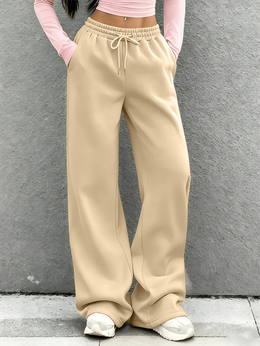 Women's Solid Color Wide-Leg Pants - Elastic Waist & Drawstring Pocket Sweatpants, Loose-Fit Full-Length Trousers for Casual Casual Attire, Lounge, Office & All-Season Comfortable (No  Needed) - Machine Washable Solid Coloration - Apricot