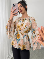 Women'S Summer Elegant Top, Chiffon Floral Print Layered Ruffle Sleeve, Waist Tie Festival Outfit, Holiday Vacation Wear Shirt - Apricot Flower