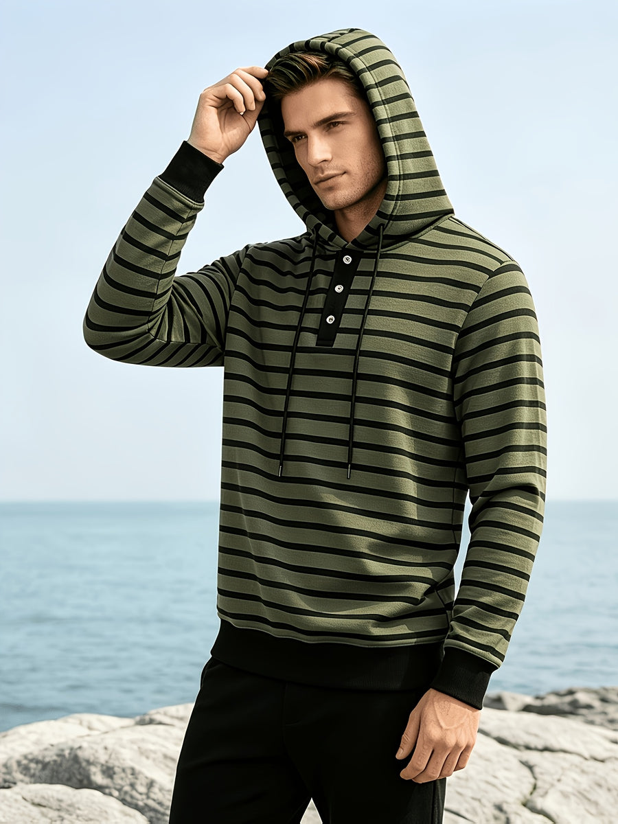 Autumn/Winter 2026 New Arrival Men's Casual Loose Striped Minimalist Trendy Color-Block Henry Hooded Sweatshirt - Military Green