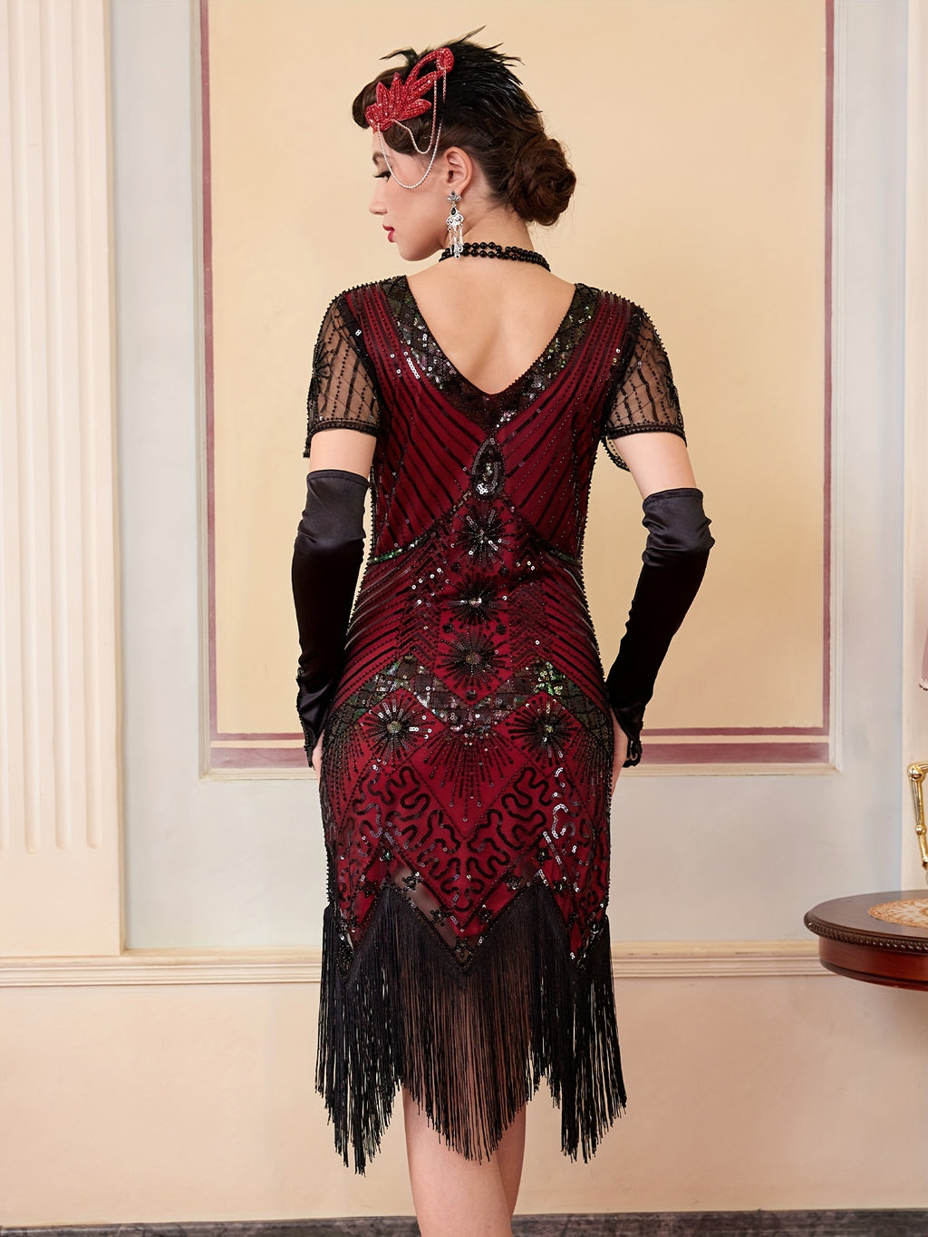 1920S Vintage Sequin Dress Gatsby Party Tassel Dress Evening Banquet Dance Dress Sequined Dress (Single Dress, Gloves And Additions Not Included) - Black&Red