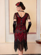 1920S Vintage Sequin Dress Gatsby Party Tassel Dress Evening Banquet Dance Dress Sequined Dress (Single Dress, Gloves And Additions Not Included) - Black&Red