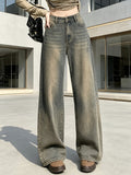 Women'S American Vintage Washed Distressed Wide-Leg Jeans, New Arrival for Autumn, Retro Blue, High Waist, Draping Floor-Length Pants - Sea Blue