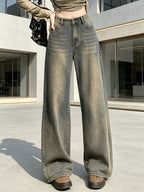 Women'S American Vintage Washed Distressed Wide-Leg Jeans, New Arrival for Autumn, Retro Blue, High Waist, Draping Floor-Length Pants - Sea Blue