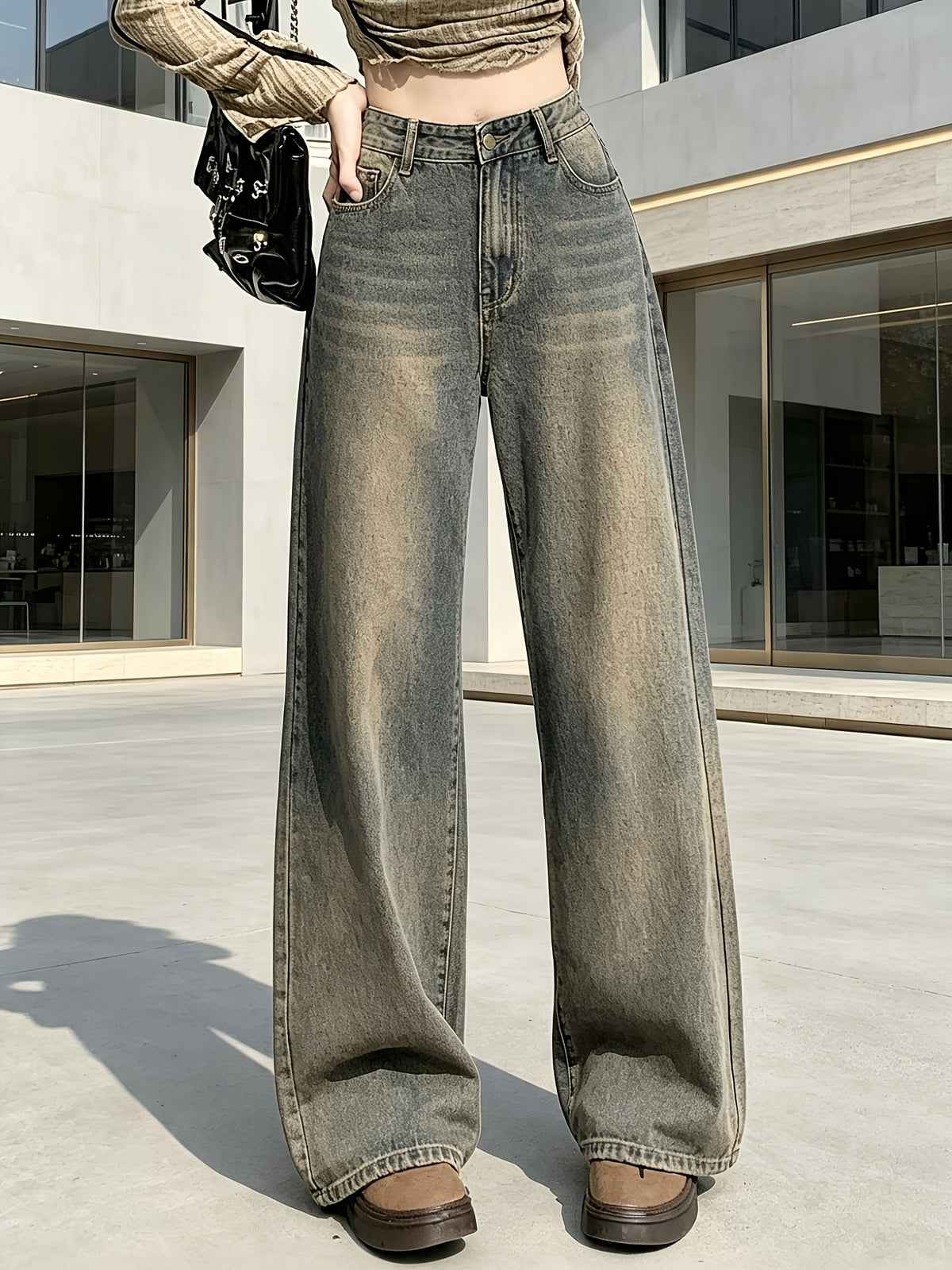 Women'S American Vintage Washed Distressed Wide-Leg Jeans, New Arrival for Autumn, Retro Blue, High Waist, Draping Floor-Length Pants - Sea Blue