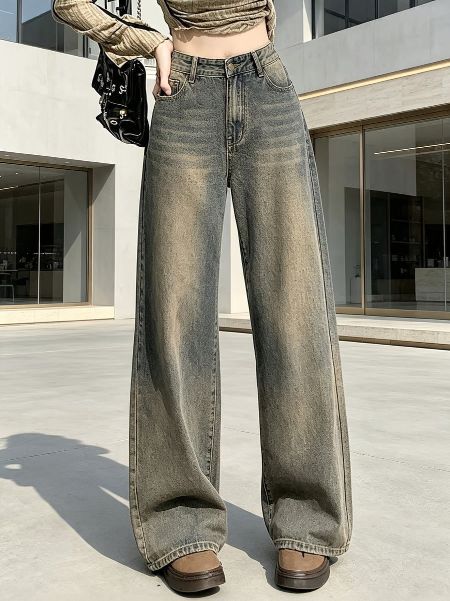 Women'S American Vintage Washed Distressed Wide-Leg Jeans, New Arrival for Autumn, Retro Blue, High Waist, Draping Floor-Length Pants - Sea Blue