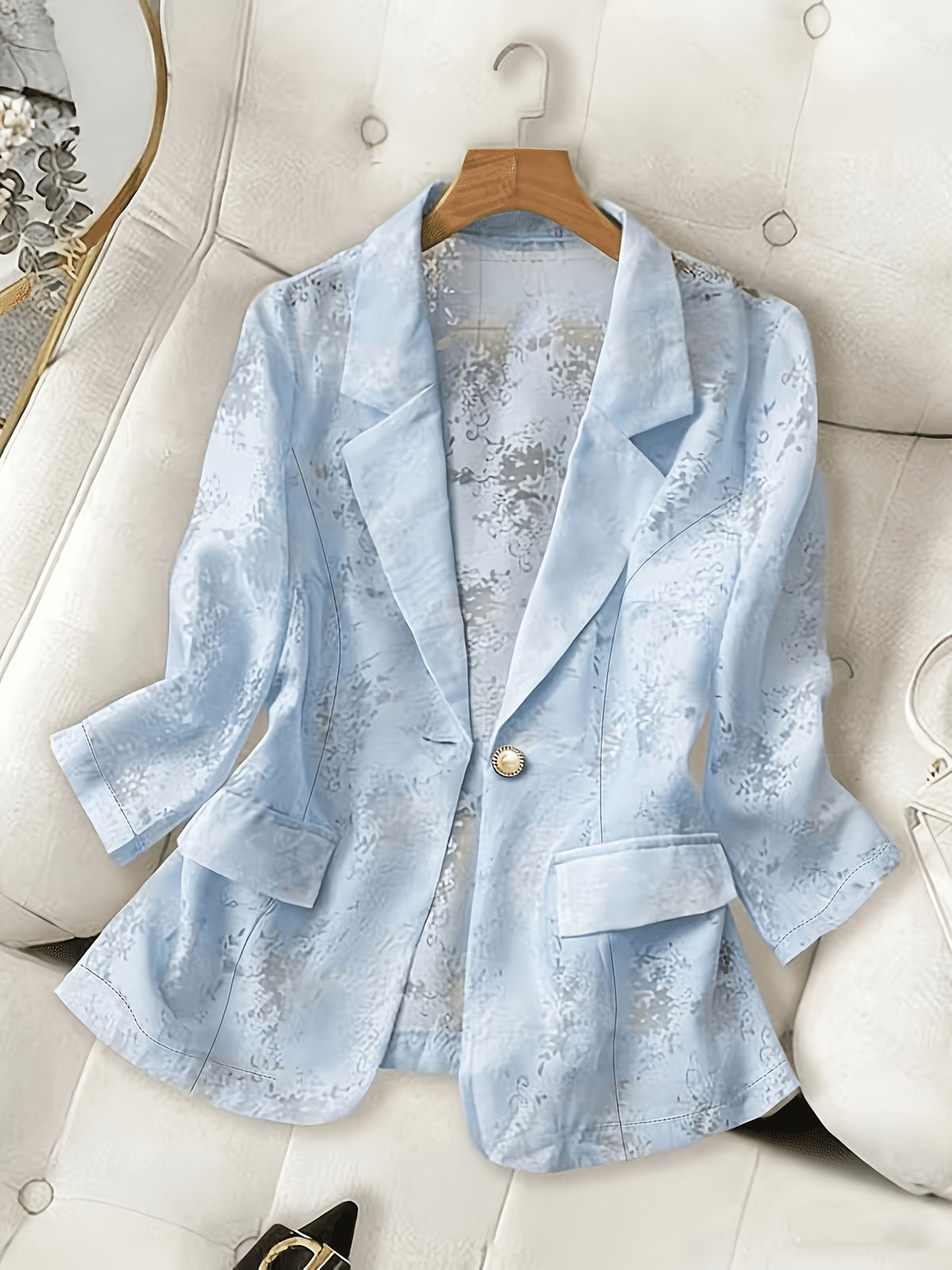 Western Women'S Light Blue Cutout Mini Suit Jacket, Long Sleeve Thin Single-Button Lapel Casual Commuter Blazer, All-Season Wear - Light Blue