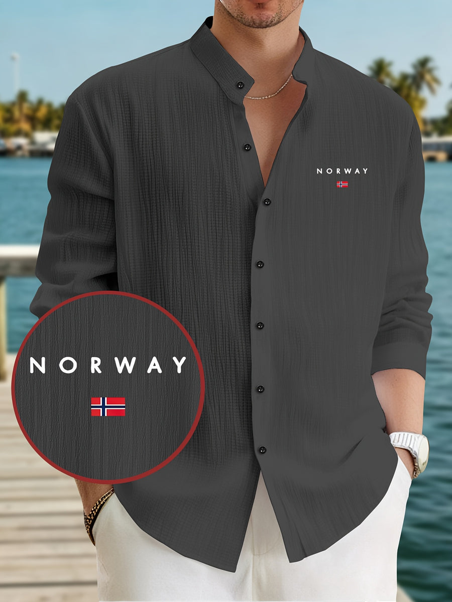 Men's Lightweight Quick-Dry Long Sleeve Shirt - Stand Collar Button-Up Beach Shirt for Poolside, Vacation, and Office, Machine Washable and Dry Cleanable Summer Casual Formal White Top, Non-Stretch Fabric, Opaque Design, Classic Style - Dark Gray