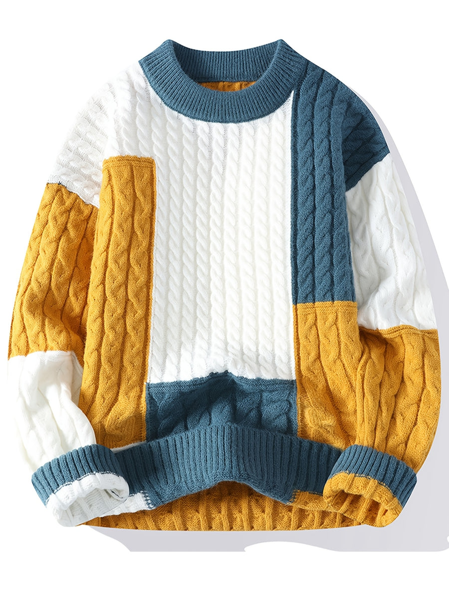 Men'S Fashion Trend Semi High Neck Knitted Sweater Autumn And Winter New Item Color Blocking Splicing Warm Pullover Top - Blue