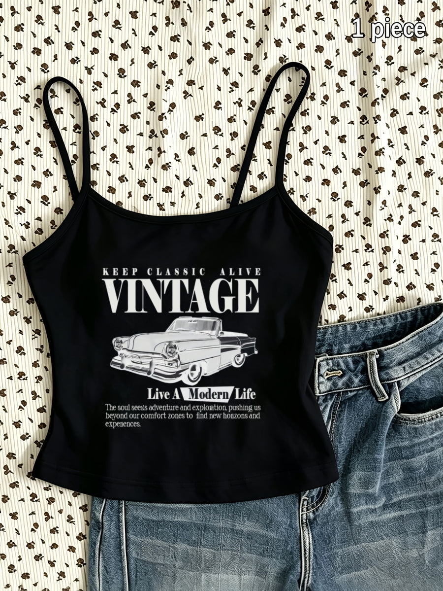 Retro Car Patchwork Camisole KEEP CLASSIC ALIVE VINTAGE Live a Modern Life Multi-Line English Vintage Convertible Car Short Sentence Text Combination Printed Pattern Mini Camisole Short Distance Travel Cafe Shopping Commuting Wear Spring Summer New - Black