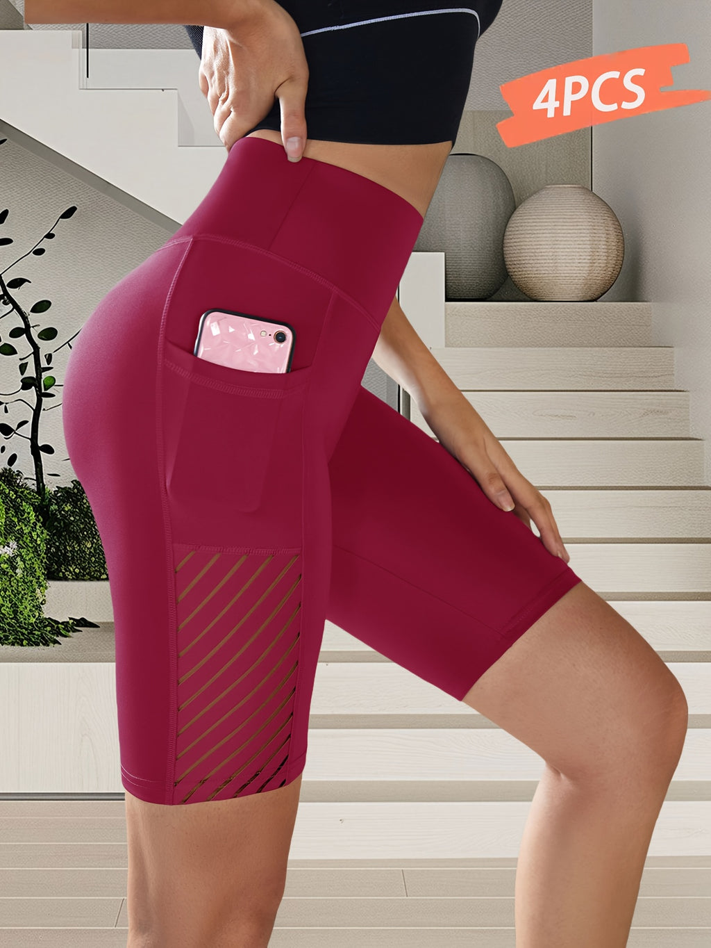 4pcs New Women's Fashion Shorts, Outdoor Sports Pants, Butt-Lifting Tummy Control Leggings, Breathable Moisture-Wicking Comfortable Casual Shorts, Knee-Length Pants - Black + Dark Red + Hemp Gray + Navy Blue