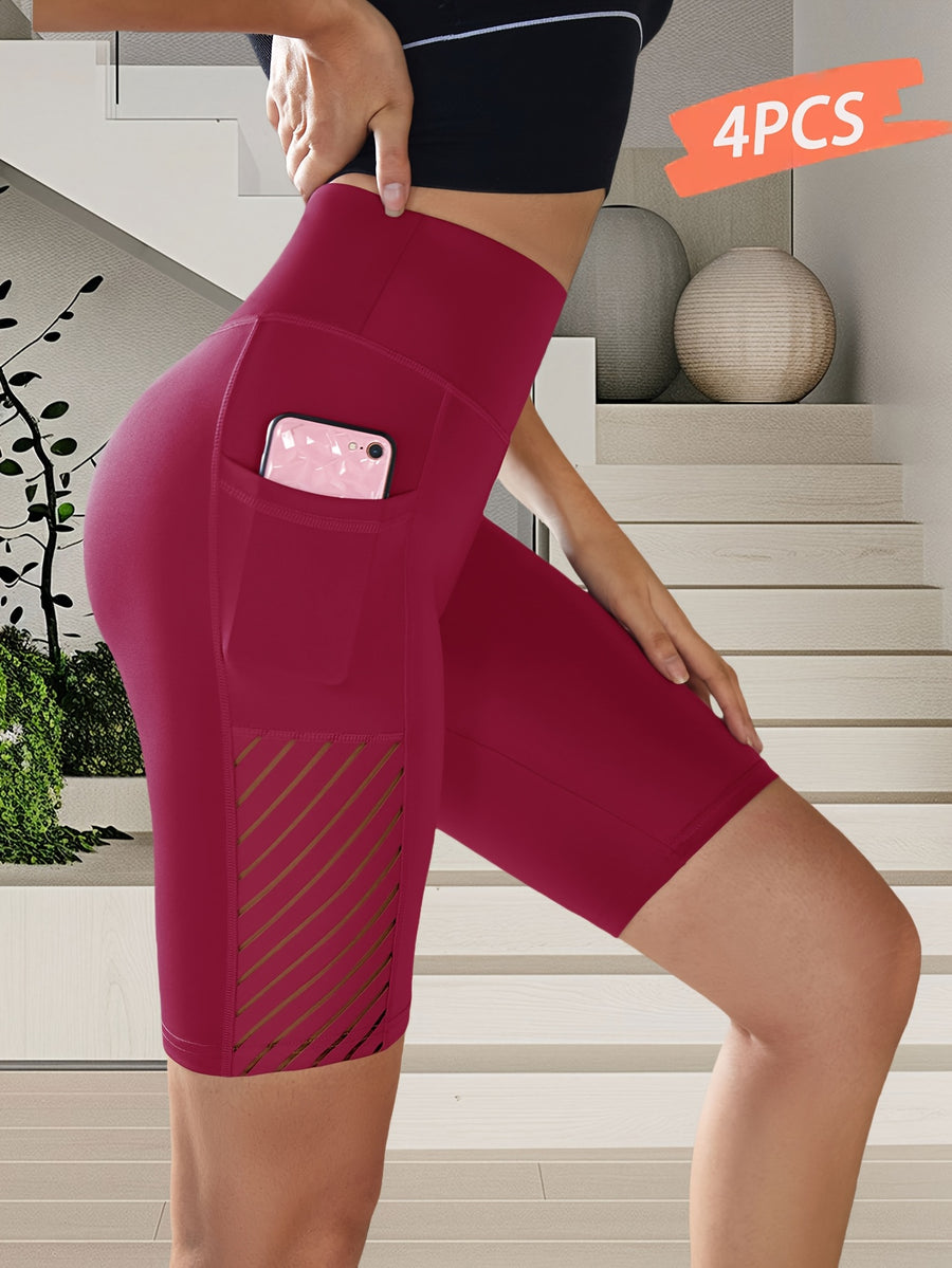 4pcs New Women's Fashion Shorts, Outdoor Sports Pants, Butt-Lifting Tummy Control Leggings, Breathable Moisture-Wicking Comfortable Casual Shorts, Knee-Length Pants - Black + Dark Red + Hemp Gray + Navy Blue
