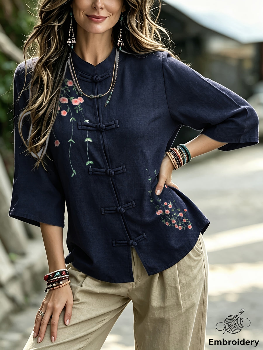 INS Chinese Style Shirt - Women'S Mid-Length Cheongsam Cardigan, Retro Button-Front And Embroidered Stand Collar, Suitable for Daily, Office, And Semi-Formal Wear, Machine Washable, All-Season Casual Top A281 - Royal Blue
