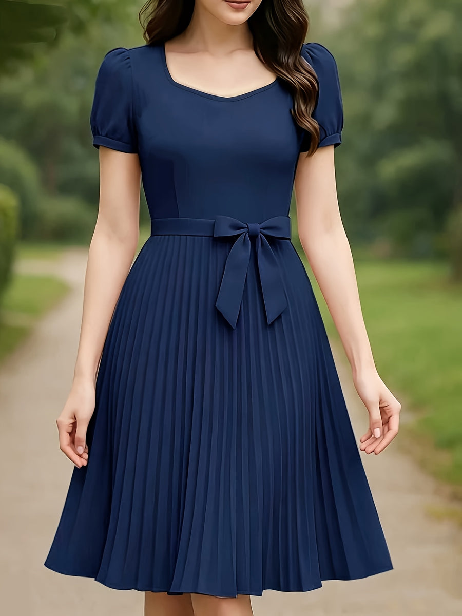 Elegant And Stylish Dress for Women with a Square Neckline, Drop Shoulder Sleeves, Solid Color, Featuring a Bow Design at The Waist, Easy to Wear And Remove, Machine Washable, Suitable for Outings And Dates, Perfect for Commuting Fashion - Navy Color
