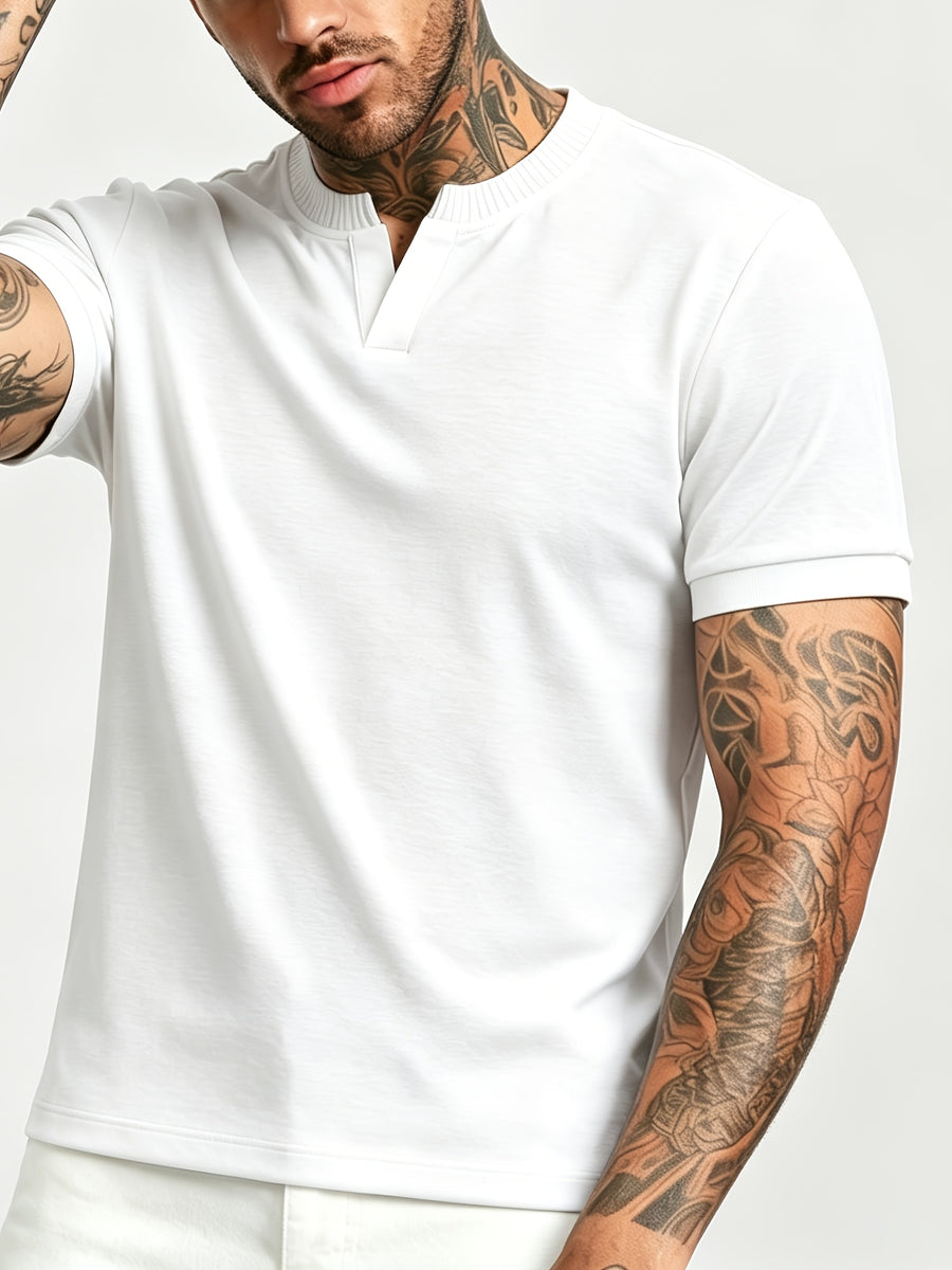 [Pearson OBM] Summer Cool Short Open V-Neck Men'S Henley Shirt, Stretchy Comfortable Solid Base Layer, Breathable And Flat Fit, Practical Men'S Birthday Gift Holiday Item, All-Scene Wear for Fitness, Hiking, Home, And Vacation - White