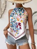 Women's Lightweight 100% Polyester Asymmetrical Halter Neck Top - Vibrant Botanical Print Sleeveless Shirt for Summer Vacation, Beach & Casual Outings - Multicolor