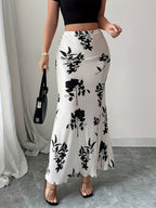 Elegant Women's Skirt with Black and White Contrast Print, Fashionable Single Item - White