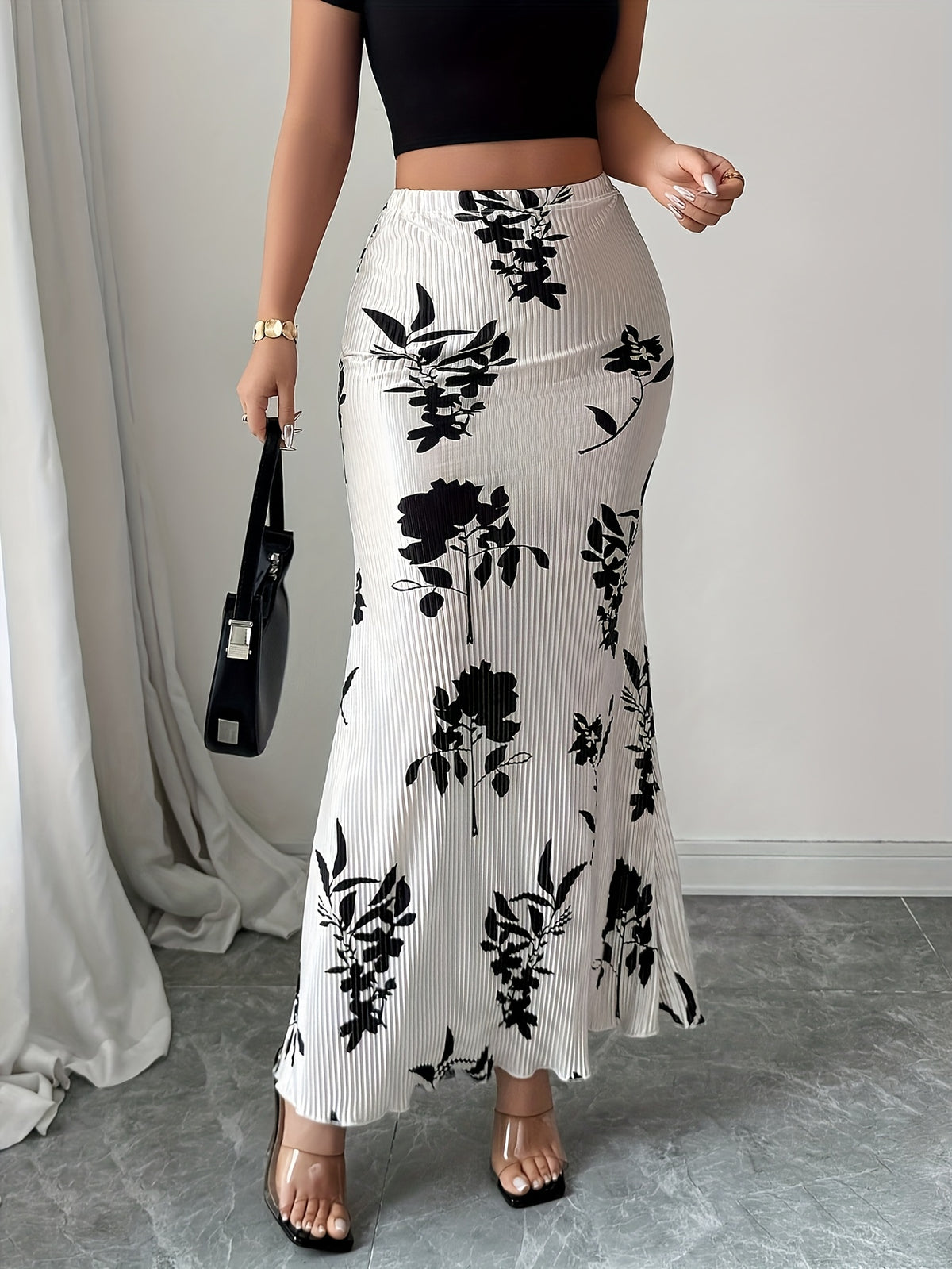 Elegant Women's Skirt with Black and White Contrast Print, Fashionable Single Item - White