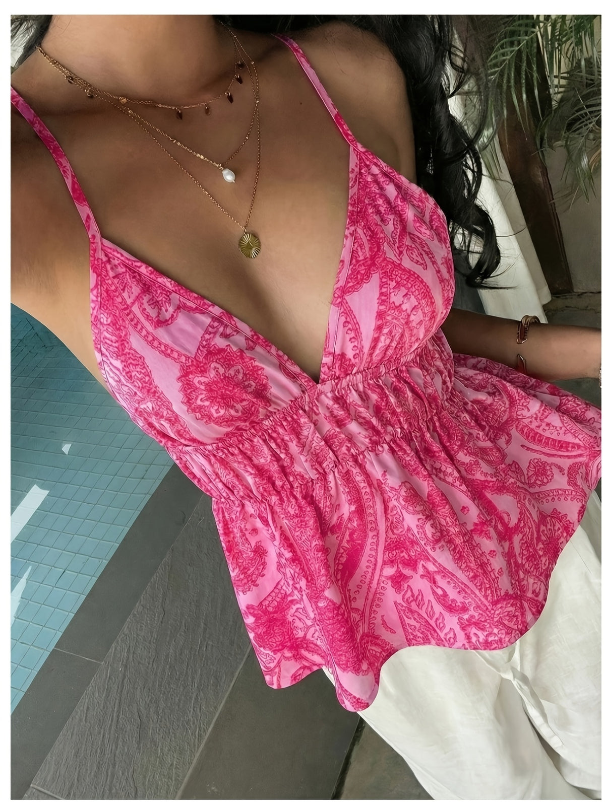 Elegant Exquisite Women's Pink Print Deep V-Neck Spaghetti Strap Elastic Waist Ruffle Hem Sleeveless Top Fashion Temperament Piece for Vacation Beach Party Casual - Red