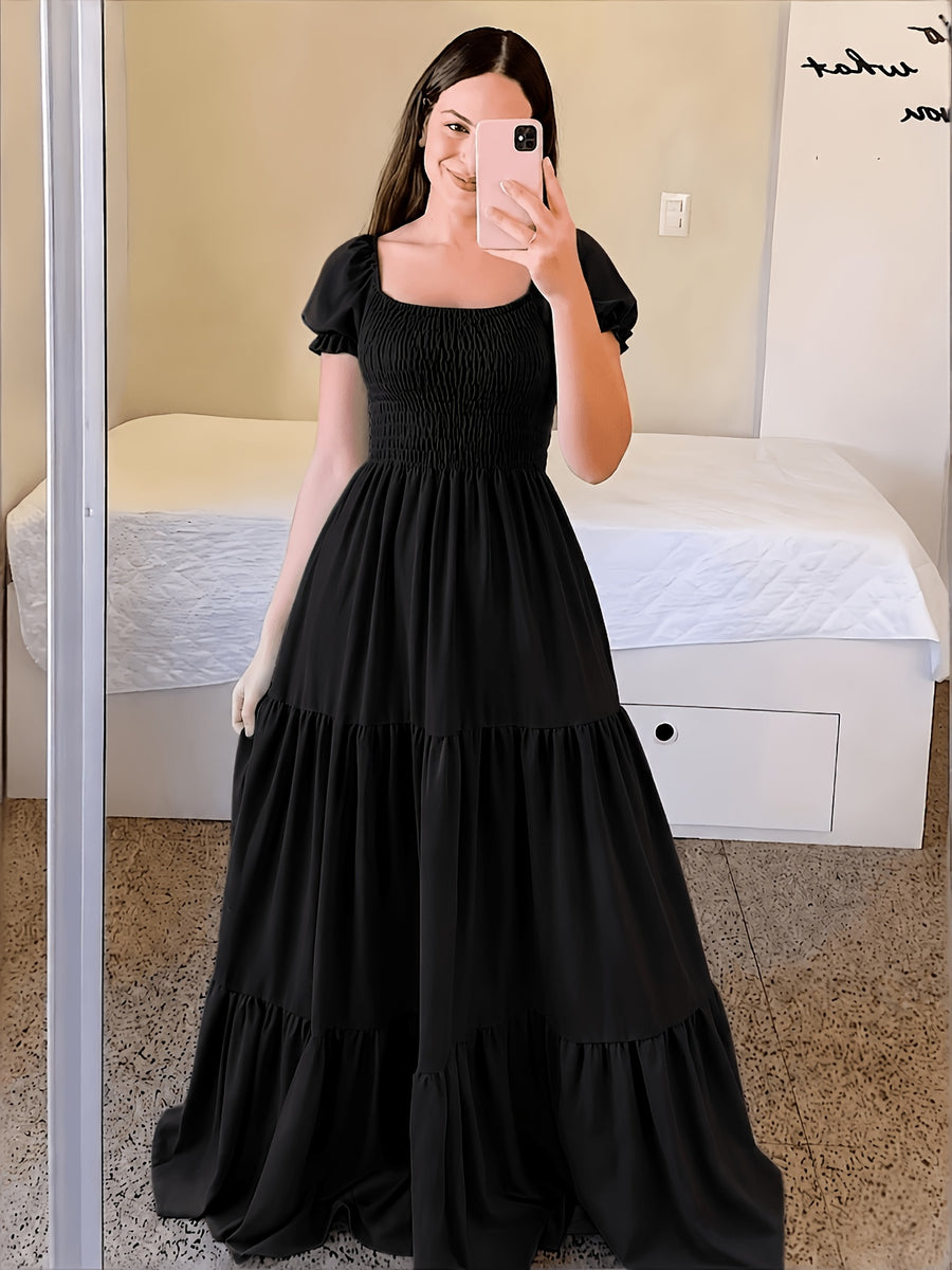 Four-Season Suitable Dress, Y2K Women's New Solid Color Square Neck Tie-Back Long Dress, Suitable for Streetwear, Commuting, Parties, Social Events, Vacations, Christmas, New Year, Valentine's Day, Women's New Clothing M186 - Black