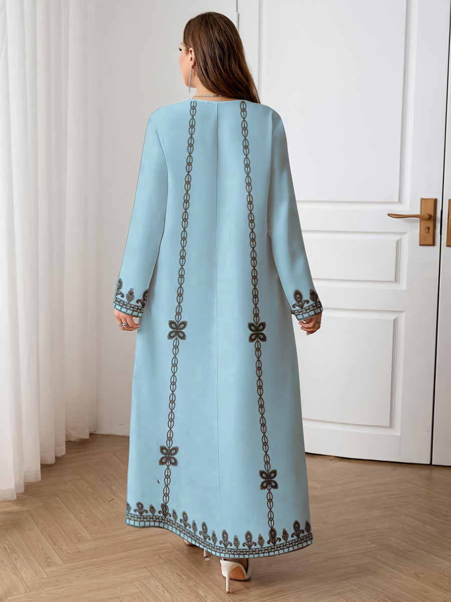 Newly Arrived Elegant Robe for The Middle Eastern Style in 2026, Featuring Ethnic Prints And a Long Skirt Suitable for Ramadan, Eid Al-Fitr, And Eid Al-Adha. This Loose And Comfortable Long-Sleeve Dress Is Perfect for Commuting And Vacationing - Powder blue