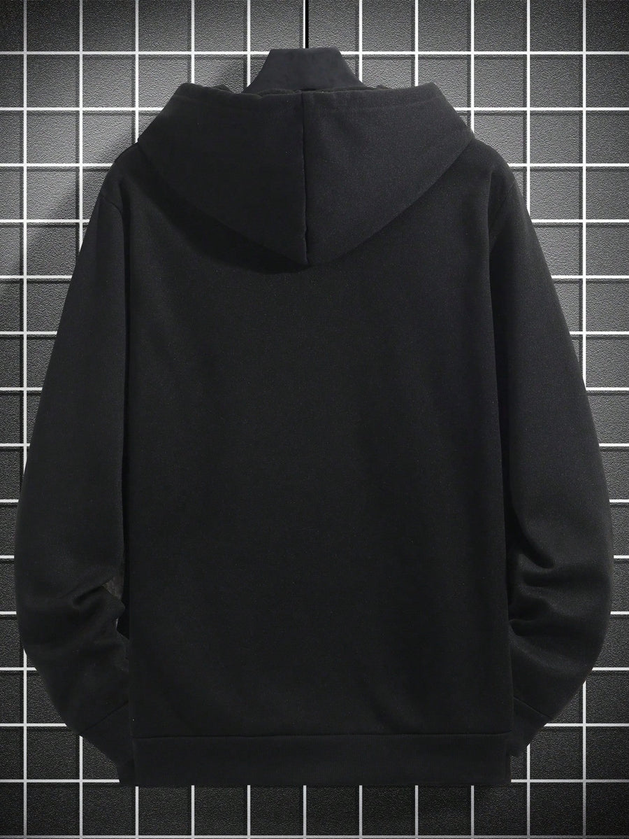 Men's Casual Hooded Sweatshirt - Outdoor Mountain Style Loose Fit Hooded Sweatshirt with Pocket, Featuring a  Explorer Mountain Pattern and English Letter Print, a Versatile Pullover for Cold Weather Protection and Warmth, Suitable for Outdoor - Black
